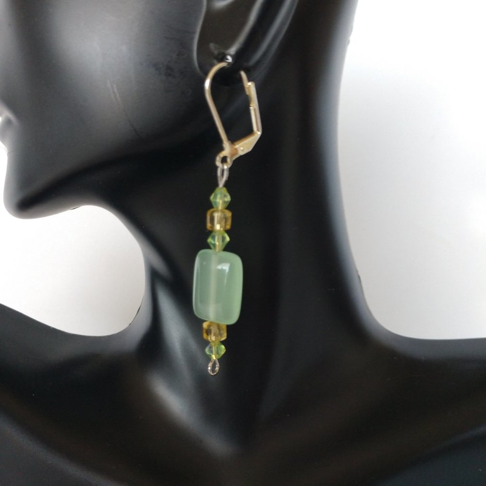 Handmade Green and Yellow Earrings on Silver Tone Brass Lever Hooks 2.25 Inches